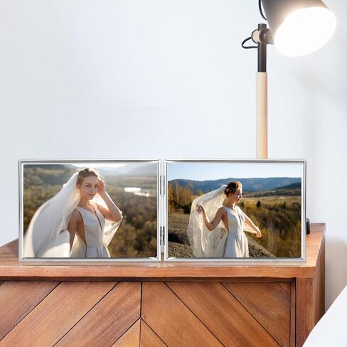 إطار صورة معدني بحافة رفيعة مزدوجة، قائم أفقي، ظهر مخملي، تصميم كلاسيكي بسيط (مزدوج 5x3.5، فضي) in Kuwait