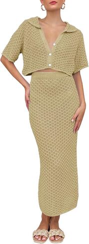 Saodimallsu النساء الكروشيه الشاطئ التستر مجموعة متماسكة زر المحاصيل قصيرة الأكمام طوق أعلى Bodycon تنورة طويلة 2 قطعة وتتسابق in Saudi Arabia