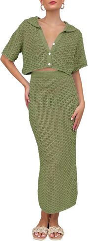 Saodimallsu النساء الكروشيه الشاطئ التستر مجموعة متماسكة زر المحاصيل قصيرة الأكمام طوق أعلى Bodycon تنورة طويلة 2 قطعة وتتسابق in Saudi Arabia
