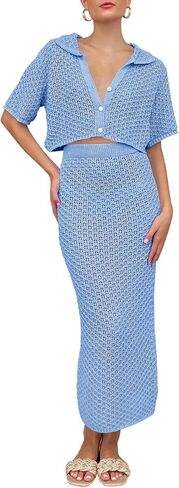 Saodimallsu النساء الكروشيه الشاطئ التستر مجموعة متماسكة زر المحاصيل قصيرة الأكمام طوق أعلى Bodycon تنورة طويلة 2 قطعة وتتسابق in Saudi Arabia