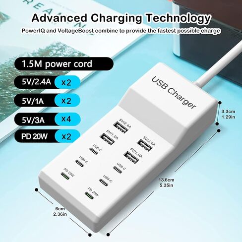 USB C Charger, 10 Ports USB Charging Station, 50W Multi-Port USB C Charger in Kuwait