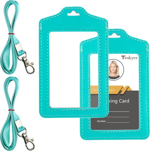 Teskyer 2 Pack of Double Sided Clear Badge Holder with Lanyard, PU Leather ID Badge Name Card Holder with Stainless Steel J-Hook Nylon Lanyard for Work ID, School ID, Metro Card, Access Card, Black in Saudi Arabia