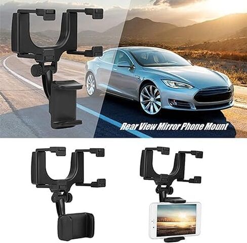 حامل هاتف مرآة الرؤية الخلفية للسيارة، حامل هاتف مرآة الرؤية الخلفية متعدد الوظائف قابل للسحب، تصميم ثابت بأربعة زوايا مضاد للاهتزاز، لجميع الهواتف المحمولة وجميع السيارات in Kuwait