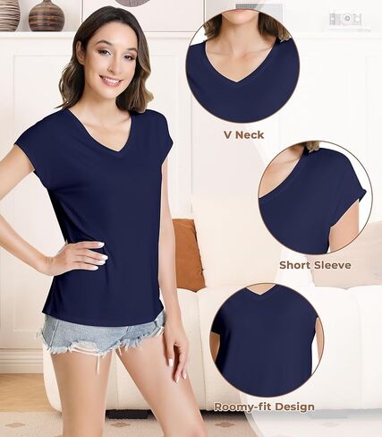 NACHILA Women's T Shirts-Viscose Made from Bamboo, V Neck Tee Shirts Cap Sleeve Casual Top Summer Trendy Basics Tees in Kuwait