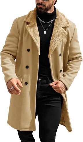 Runcati Mens Trench Coat Double Breasted Notched Collar Fleece Jacket Slim Fit Fall Winter Fuzzy Pea Coats Warm Overcoat in Saudi Arabia
