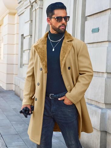 Runcati Mens Trench Coat Double Breasted Notched Collar Fleece Jacket Slim Fit Fall Winter Fuzzy Pea Coats Warm Overcoat in Saudi Arabia