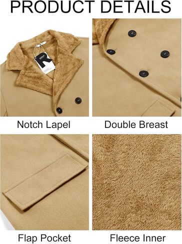 Runcati Mens Trench Coat Double Breasted Notched Collar Fleece Jacket Slim Fit Fall Winter Fuzzy Pea Coats Warm Overcoat in Saudi Arabia