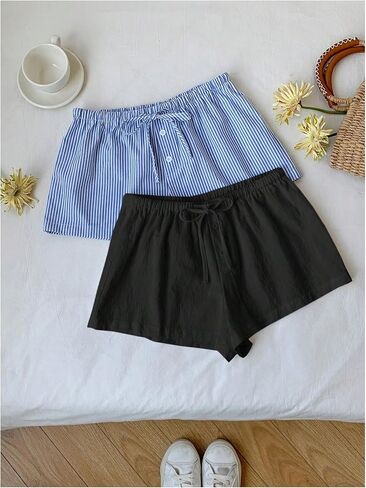 Makemechic Women's 2 Pack Linen Shorts Summer Beach Pajama Boxer Shorts in Saudi Arabia