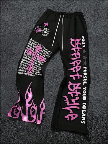 رسالة رسومية من Wdirara Men Y2K Print Flare Sweatpants الرباطين سروال القوطي مع جيوب in Kuwait
