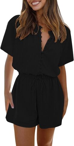 Fixmatti Women Summer Rompers Short Sleeve Button Up One Piece Casual Shorts Jumpsuits in Kuwait