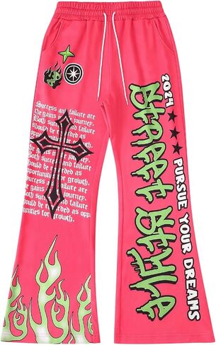 WDIRARA Men's Y2k Graphic Letter Print Flare Sweatpants Drawstring Streetwear Goth Pants with Pockets in Saudi Arabia