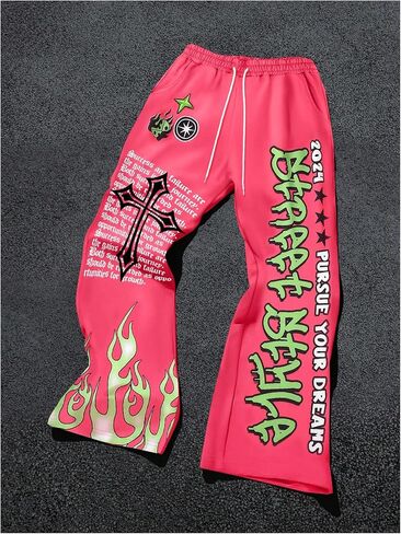 WDIRARA Men's Y2k Graphic Letter Print Flare Sweatpants Drawstring Streetwear Goth Pants with Pockets in Saudi Arabia