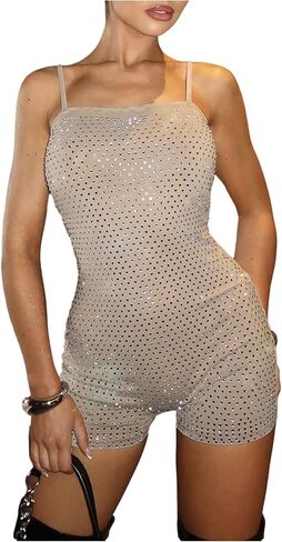 WDIRARA Women's Sparkle Rhinestone Sleeveless Romper Party Club Unitard Shorts Jumpsuit in Saudi Arabia