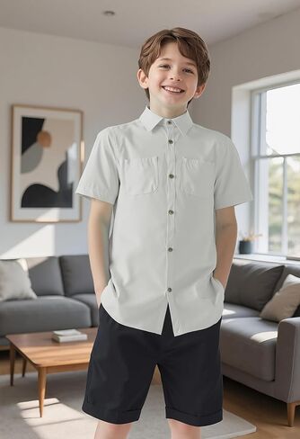 Boys Button Down Shirt Casual Short Sleeve Woven Shirts with Two Pockets for Kids 6-14 Years in Saudi Arabia