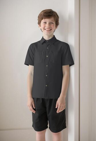 Boys Button Down Shirt Casual Short Sleeve Woven Shirts with Two Pockets for Kids 6-14 Years in Saudi Arabia