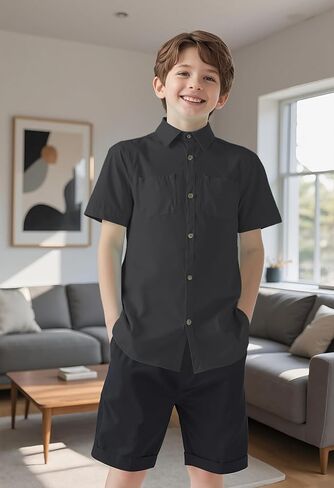 Boys Button Down Shirt Casual Short Sleeve Woven Shirts with Two Pockets for Kids 6-14 Years in Saudi Arabia