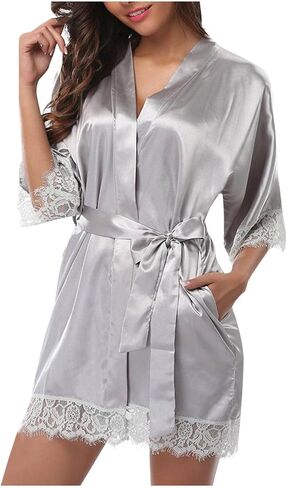 Womens Short Satin Robes Lightweight Silky Belted V-Neck Sleepwear Wedding Bridal Party Bride Bridesmaid Bathrobes in Saudi Arabia