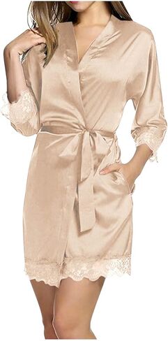 Womens Short Satin Robes Lightweight Silky Belted V-Neck Sleepwear Wedding Bridal Party Bride Bridesmaid Bathrobes in Saudi Arabia