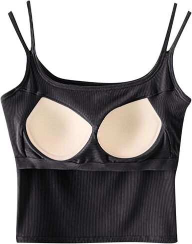 قمم CAMISOLE للنساء Summer Spaghetti Strap Basic Bated Crop مع بنيت في حمالة صدرية التمرين الرياضية اليوغا in Kuwait