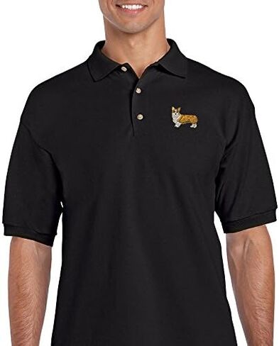Pembroke Welsh Corgi Dog #2 Embroidery Adult Button-End Spread Short Sleeve Unisex Cotton Polo Shirt Golf Shirt - Black, Large in Saudi Arabia