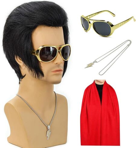 50s 60s Rock Singer Wig for Men Cosplay Funny Black Wigs for Costume Halloween Disco Party (4pcs Set) in Saudi Arabia