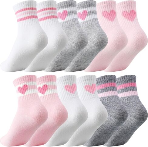 Shihanee 6 Pairs Socks for Girls Kids Pink Crew Athletic Socks with Stripes Heart 4-12 Years Old Cotton Back to School Gift in Kuwait