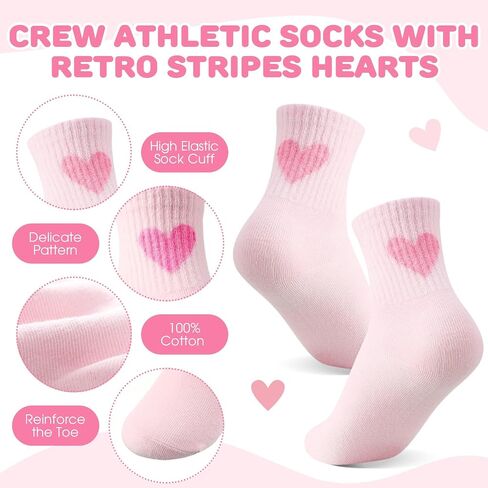 Shihanee 6 Pairs Socks for Girls Kids Pink Crew Athletic Socks with Stripes Heart 4-12 Years Old Cotton Back to School Gift in Kuwait