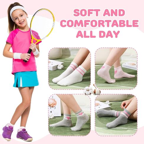 Shihanee 6 Pairs Socks for Girls Kids Pink Crew Athletic Socks with Stripes Heart 4-12 Years Old Cotton Back to School Gift in Kuwait