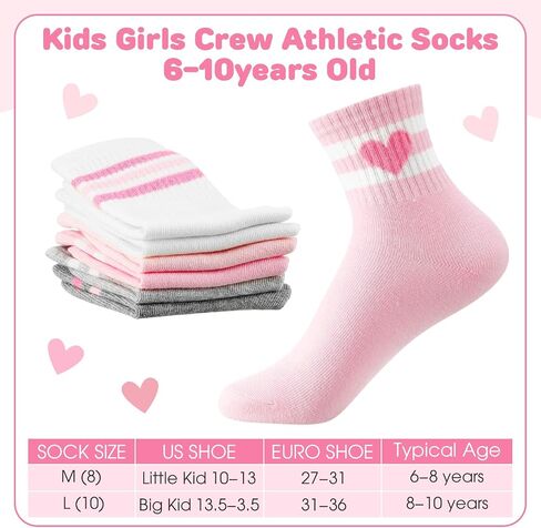 Shihanee 6 Pairs Socks for Girls Kids Pink Crew Athletic Socks with Stripes Heart 4-12 Years Old Cotton Back to School Gift in Kuwait