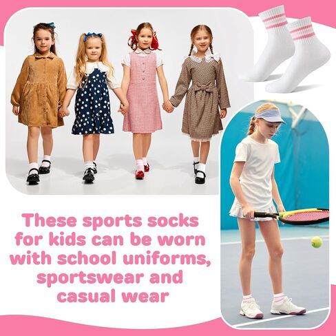 Shihanee 6 Pairs Socks for Girls Kids Pink Crew Athletic Socks with Stripes Heart 4-12 Years Old Cotton Back to School Gift in Kuwait