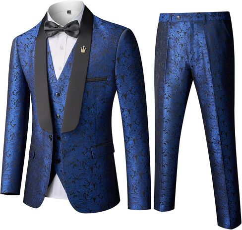 MY'S Men's Floral Tuxedo, 3 Piece Slim Fit Jacquard Suit, Jacket Vest and Pants Shawl Lapel with Bow Tie for Wedding Prom in Saudi Arabia