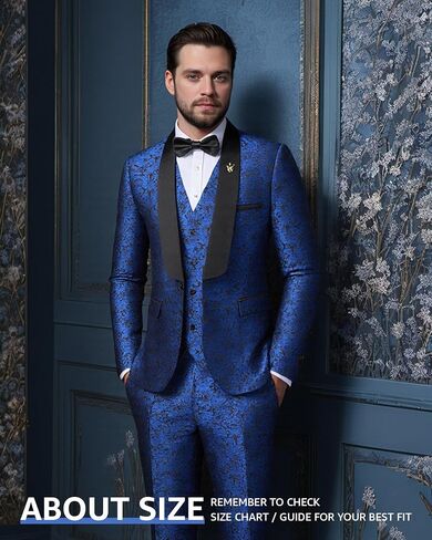MY'S Men's Floral Tuxedo, 3 Piece Slim Fit Jacquard Suit, Jacket Vest and Pants Shawl Lapel with Bow Tie for Wedding Prom in Saudi Arabia