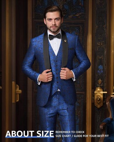 MY'S Men's Floral Tuxedo, 3 Piece Slim Fit Jacquard Suit, Jacket Vest and Pants Shawl Lapel with Bow Tie for Wedding Prom in Saudi Arabia