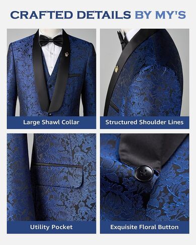 MY'S Men's Floral Tuxedo, 3 Piece Slim Fit Jacquard Suit, Jacket Vest and Pants Shawl Lapel with Bow Tie for Wedding Prom in Saudi Arabia