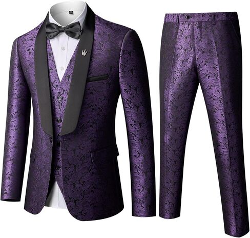 MY'S Men's Floral Tuxedo, 3 Piece Slim Fit Jacquard Suit, Jacket Vest and Pants Shawl Lapel with Bow Tie for Wedding Prom in Saudi Arabia