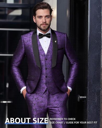 MY'S Men's Floral Tuxedo, 3 Piece Slim Fit Jacquard Suit, Jacket Vest and Pants Shawl Lapel with Bow Tie for Wedding Prom in Saudi Arabia