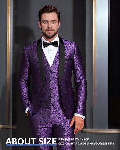 MY'S Men's Floral Tuxedo, 3 Piece Slim Fit Jacquard Suit, Jacket Vest and Pants Shawl Lapel with Bow Tie for Wedding Prom in Saudi Arabia