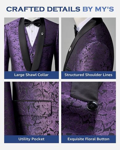 MY'S Men's Floral Tuxedo, 3 Piece Slim Fit Jacquard Suit, Jacket Vest and Pants Shawl Lapel with Bow Tie for Wedding Prom in Saudi Arabia