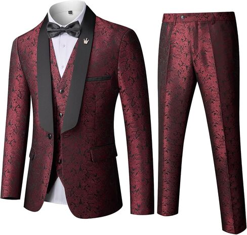 MY'S Men's Floral Tuxedo, 3 Piece Slim Fit Jacquard Suit, Jacket Vest and Pants Shawl Lapel with Bow Tie for Wedding Prom in Kuwait