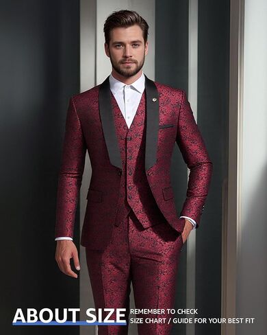MY'S Men's Floral Tuxedo, 3 Piece Slim Fit Jacquard Suit, Jacket Vest and Pants Shawl Lapel with Bow Tie for Wedding Prom in Kuwait