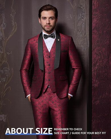 MY'S Men's Floral Tuxedo, 3 Piece Slim Fit Jacquard Suit, Jacket Vest and Pants Shawl Lapel with Bow Tie for Wedding Prom in Kuwait