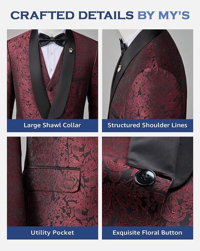 MY'S Men's Floral Tuxedo, 3 Piece Slim Fit Jacquard Suit, Jacket Vest and Pants Shawl Lapel with Bow Tie for Wedding Prom in Kuwait