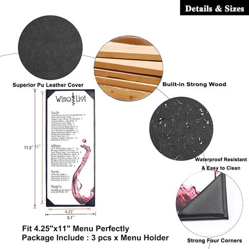3 Packs Menu Holder Menu Covers Menu Restaurant 4.25 x 11 inch Leather menu Cover Holder 4.25" x 11" inches 3 Views in Kuwait