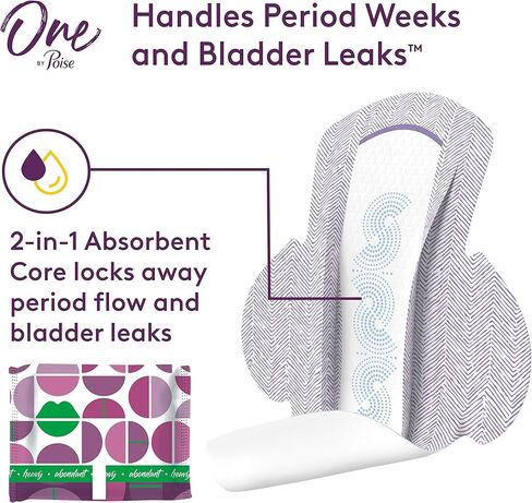 One by Poise Feminine Pads with Wings (2-in-1 Period & Bladder Leakage Pad for Women), Regular, Heavy Absorbency for Period Flow, Light Absorbency for Bladder Leaks, 54 Count (3 Pack of 18) in Kuwait