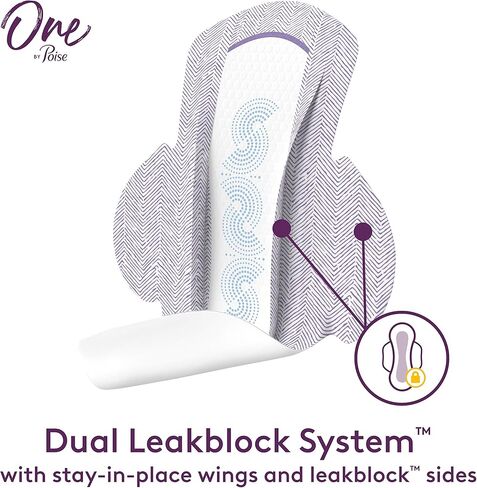 One by Poise Feminine Pads with Wings (2-in-1 Period & Bladder Leakage Pad for Women), Regular, Heavy Absorbency for Period Flow, Light Absorbency for Bladder Leaks, 54 Count (3 Pack of 18) in Kuwait