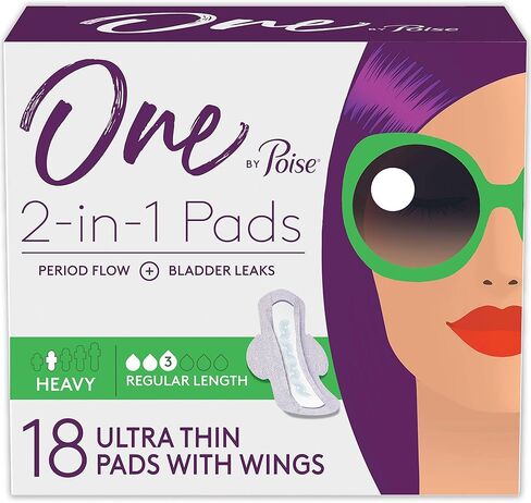 One by Poise Feminine Pads with Wings (2-in-1 Period & Bladder Leakage Pad for Women), Regular, Heavy Absorbency for Period Flow, Light Absorbency for Bladder Leaks, 54 Count (3 Pack of 18) in Kuwait