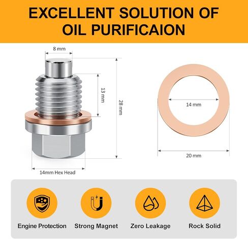 M14 x 1.5 Magnetic Aluminum Oil Drain Plug Sump Drain Nut Bolt with Copper Gasket Crush Washer Compatible with Most Ford, GM, Hyundai, KIA and Accord, CRV, Civic, Pilot, Fit, Odyssey in Kuwait