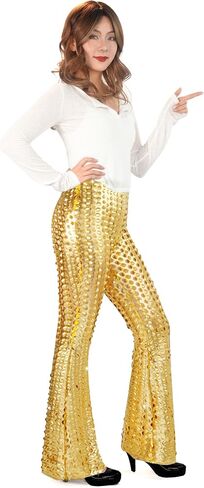 Nawgut Sequin Flare Pants Sparkly Glitter Bell Bottom High Waisted Hollow Trousers Party Clubwear for Women in Kuwait