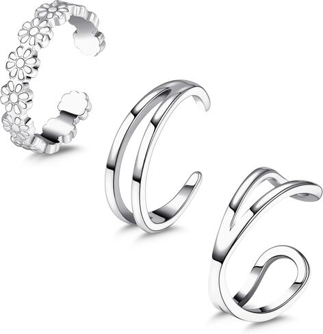 3Pcs Toe Rings for Women Sterling Silver, Non Tarnish Silver Toe Rings Set, Adjustable Flower Summer Beach Foot Jewelry Gifts for Women in Saudi Arabia