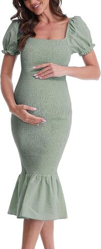 فساتين Bodycon صيفية للحوامل، فستان استحمام للأطفال بأكمام منتفخة ورقبة مربعة مكشكشة in Kuwait